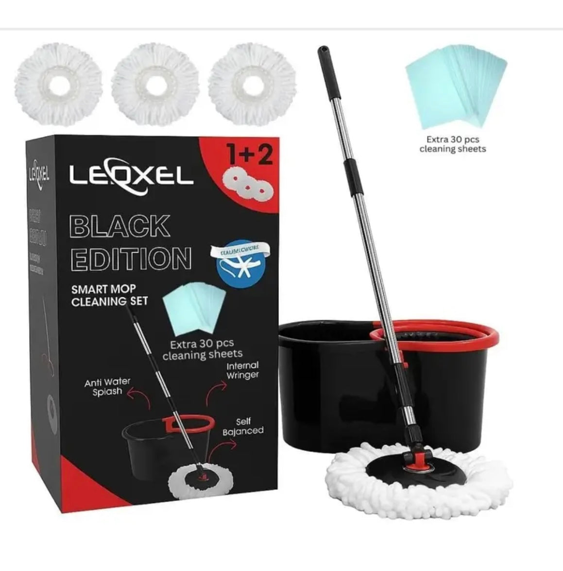 360° Spin Mop & Bucket Set – 3 Microfiber Heads + 30 Wipes for Hard Floors, Black