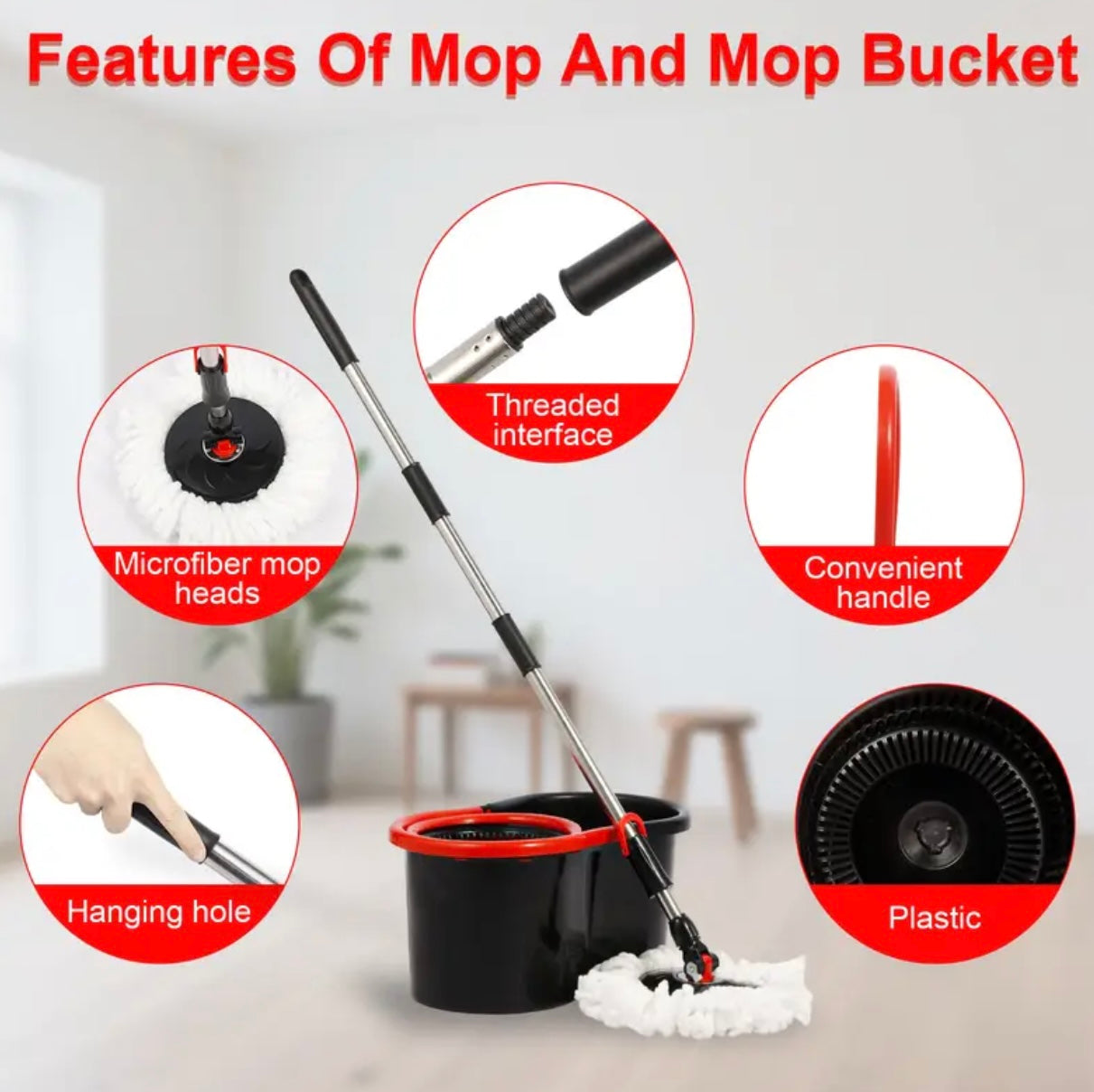 360° Spin Mop & Bucket Set – 3 Microfiber Heads + 30 Wipes for Hard Floors, Black