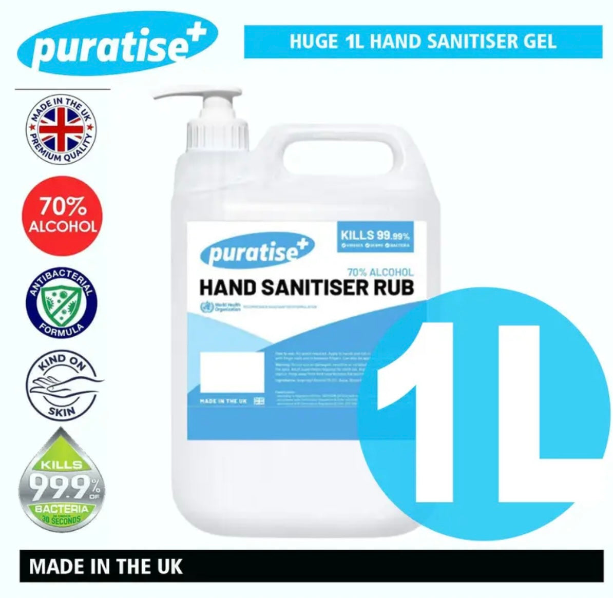 1L Hand Sanitiser with Pump, Quick-Dry