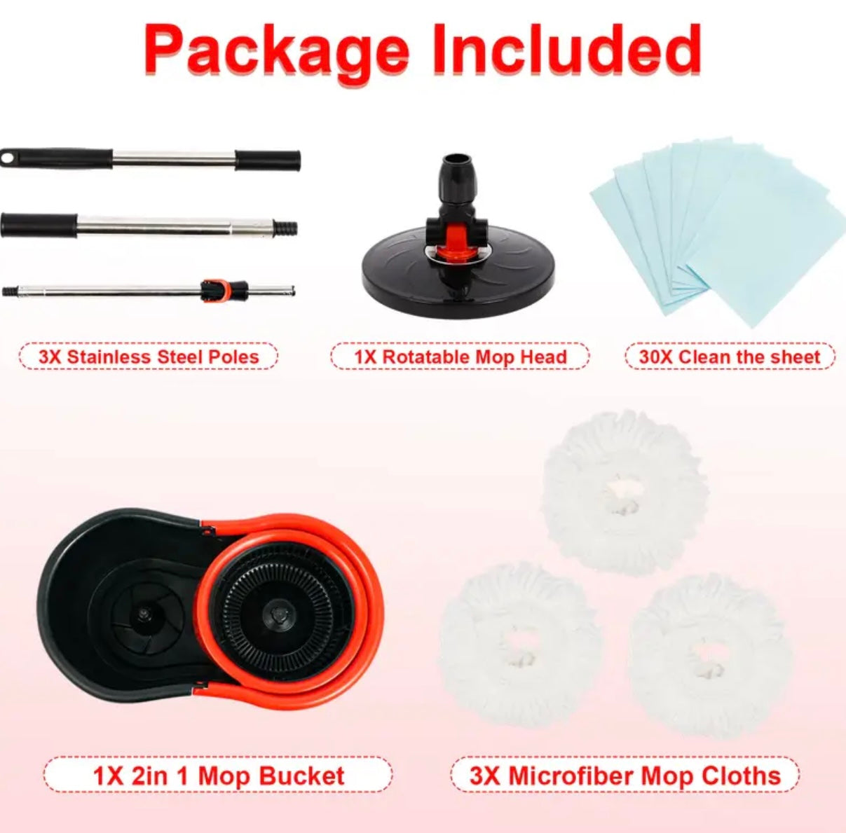 360° Spin Mop & Bucket Set – 3 Microfiber Heads + 30 Wipes for Hard Floors, Black