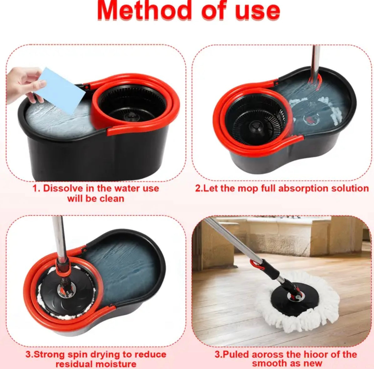 360° Spin Mop & Bucket Set – 3 Microfiber Heads + 30 Wipes for Hard Floors, Black