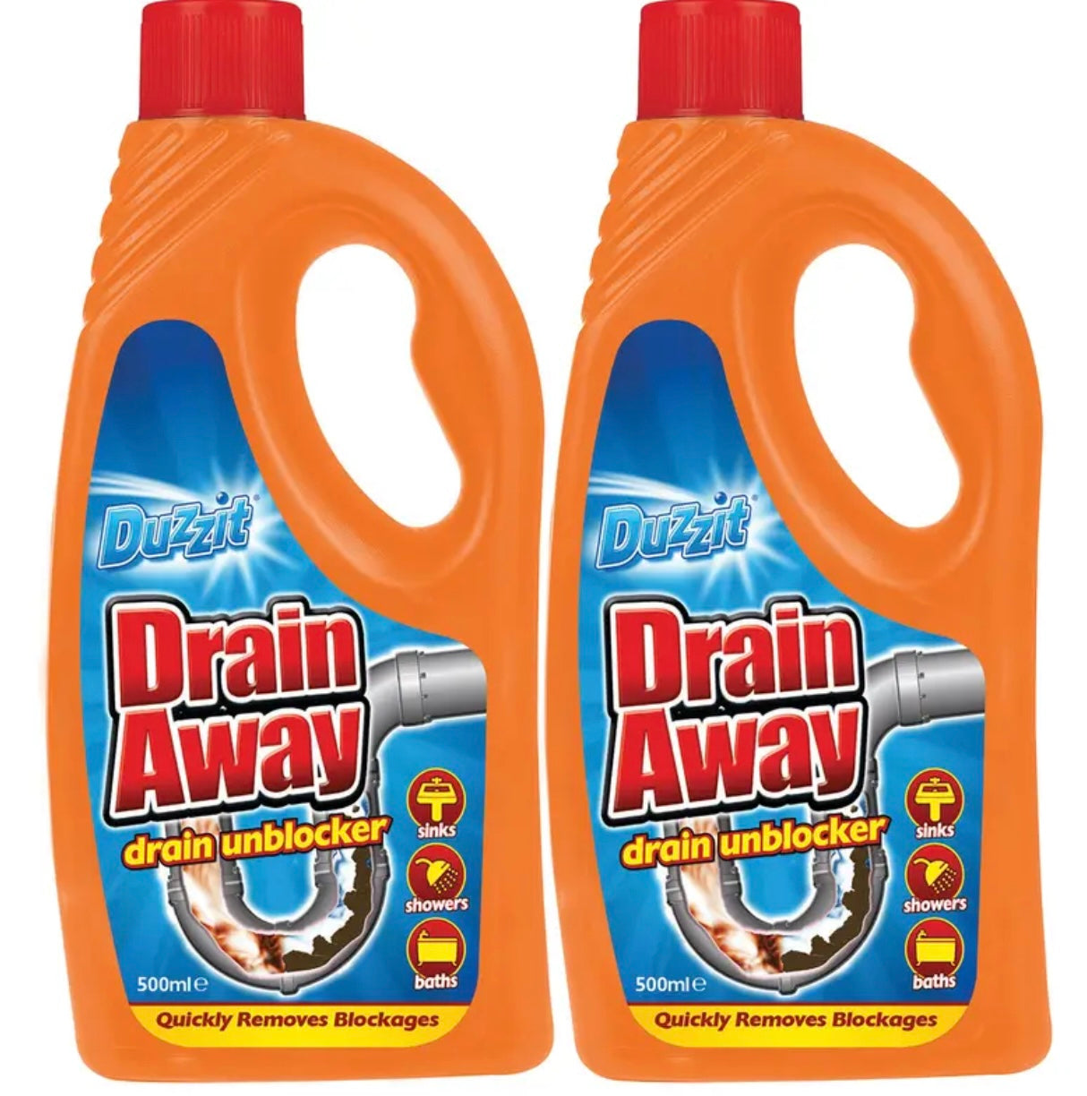 2× Duzzit Drain Away 500ml – Ready-to-Use Liquid Unblocker for Kitchen & Bathroom Drains
