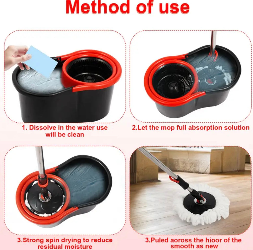 360° Spin Mop & Bucket Set – 3 Microfiber Heads + 30 Wipes for Hard Floors, Black